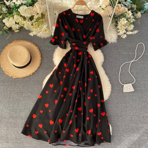 SINGRAIN Women Long Print Dress Summer Holiday French Korean Romantic Beach Dress Short Sleeve Clubwear Bohemian Floral Sundress