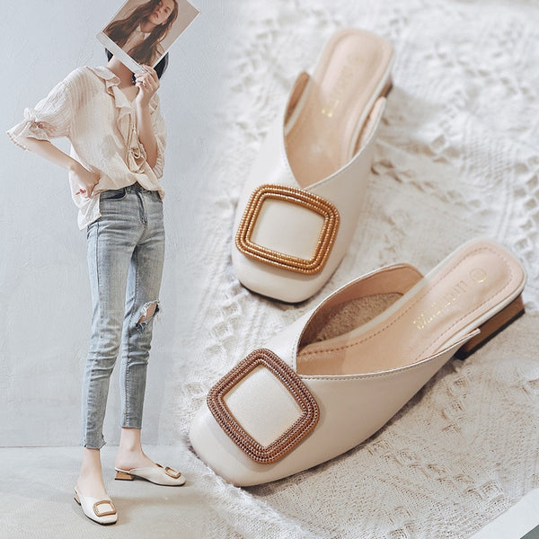 Designer Women Pumps Slippers Slip on Mules Low Heel Casual Shoes British Wooden Block Heels Summer Pumps Footwear