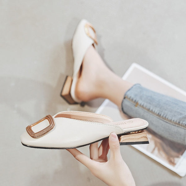 Designer Women Pumps Slippers Slip on Mules Low Heel Casual Shoes British Wooden Block Heels Summer Pumps Footwear