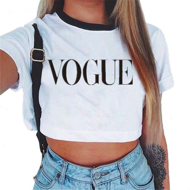 Women's VOGUE Letter Crop Top Short Sleeve T Shirts Women Brand New Casual Tee Tops Summer Female T Shirt Cute Cropped Top