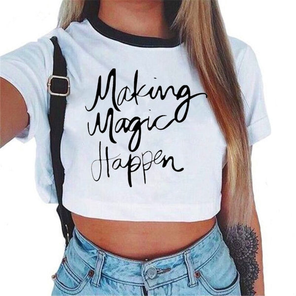 Women's VOGUE Letter Crop Top Short Sleeve T Shirts Women Brand New Casual Tee Tops Summer Female T Shirt Cute Cropped Top