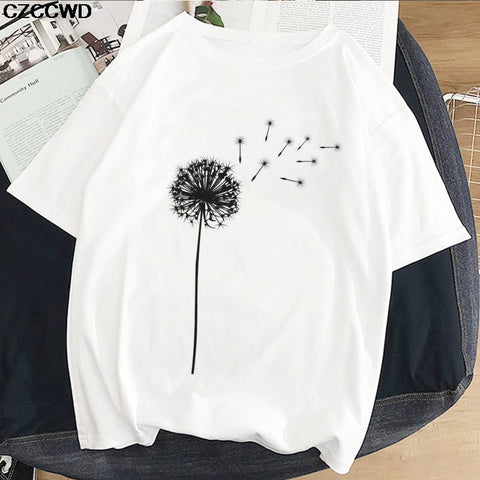 Summer New T Shirt Women Dandelion Bouquet Print Short Sleeve Casual Loose White T-Shirt For Girls Students Lady Vogue Tops Tees