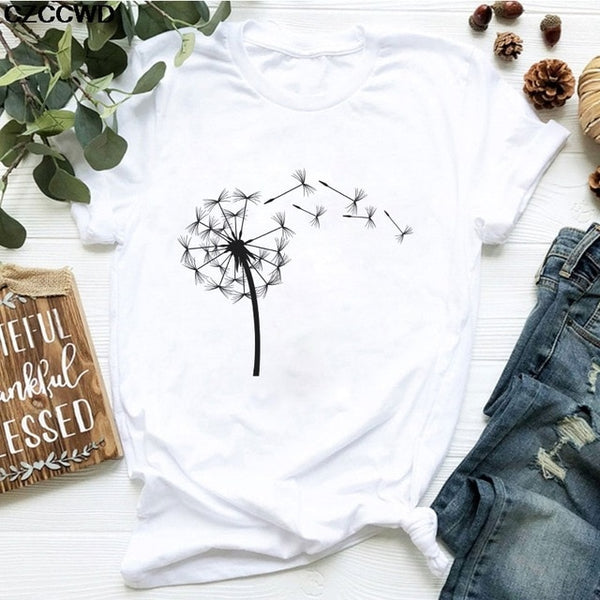 Summer New T Shirt Women Dandelion Bouquet Print Short Sleeve Casual Loose White T-Shirt For Girls Students Lady Vogue Tops Tees