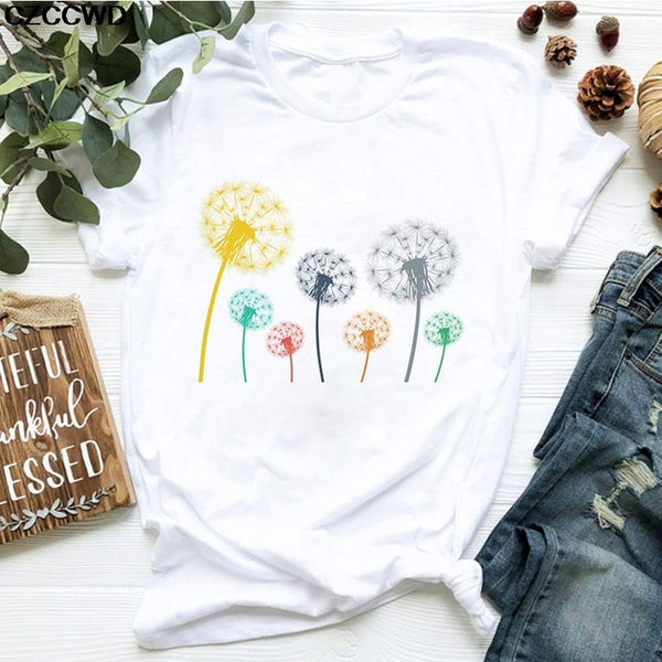 Summer New T Shirt Women Dandelion Bouquet Print Short Sleeve Casual Loose White T-Shirt For Girls Students Lady Vogue Tops Tees