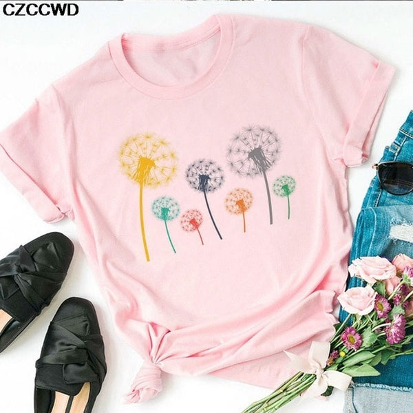 Summer New T Shirt Women Dandelion Bouquet Print Short Sleeve Casual Loose White T-Shirt For Girls Students Lady Vogue Tops Tees