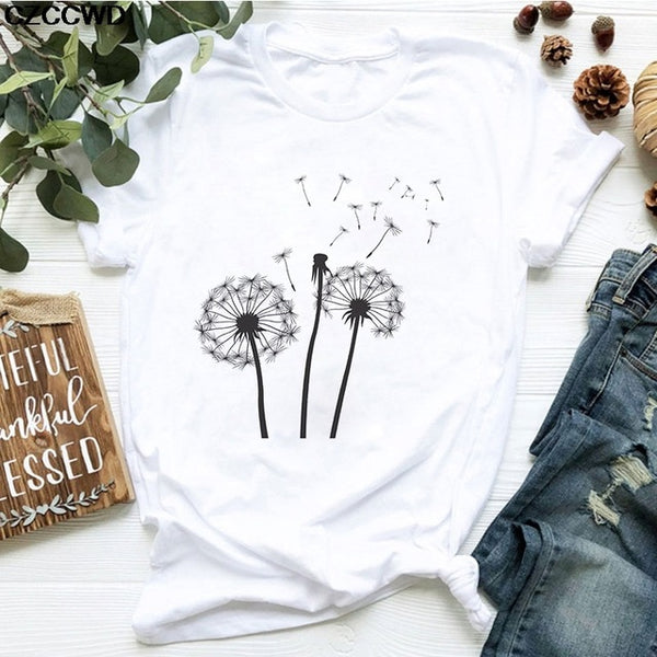 Summer New T Shirt Women Dandelion Bouquet Print Short Sleeve Casual Loose White T-Shirt For Girls Students Lady Vogue Tops Tees