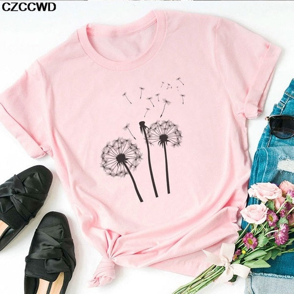 Summer New T Shirt Women Dandelion Bouquet Print Short Sleeve Casual Loose White T-Shirt For Girls Students Lady Vogue Tops Tees