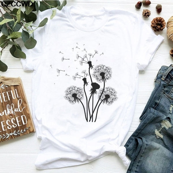 Summer New T Shirt Women Dandelion Bouquet Print Short Sleeve Casual Loose White T-Shirt For Girls Students Lady Vogue Tops Tees