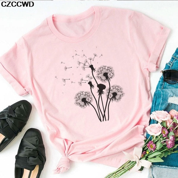 Summer New T Shirt Women Dandelion Bouquet Print Short Sleeve Casual Loose White T-Shirt For Girls Students Lady Vogue Tops Tees