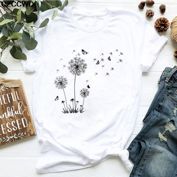 Summer New T Shirt Women Dandelion Bouquet Print Short Sleeve Casual Loose White T-Shirt For Girls Students Lady Vogue Tops Tees