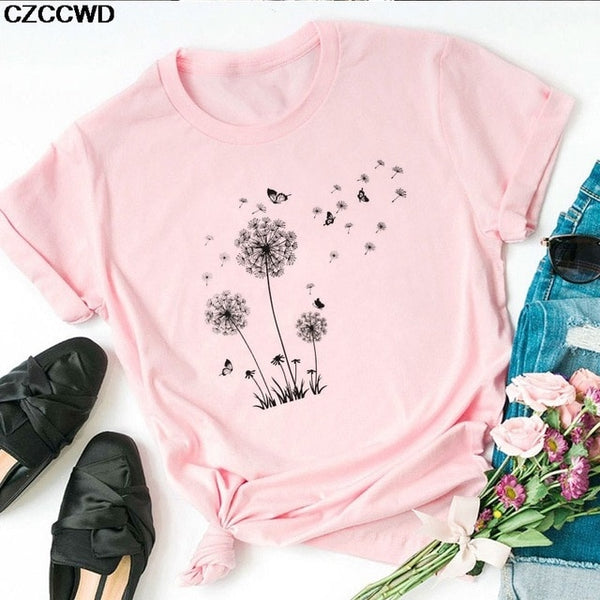 Summer New T Shirt Women Dandelion Bouquet Print Short Sleeve Casual Loose White T-Shirt For Girls Students Lady Vogue Tops Tees