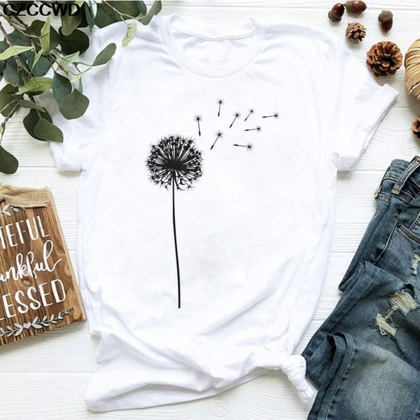 Summer New T Shirt Women Dandelion Bouquet Print Short Sleeve Casual Loose White T-Shirt For Girls Students Lady Vogue Tops Tees