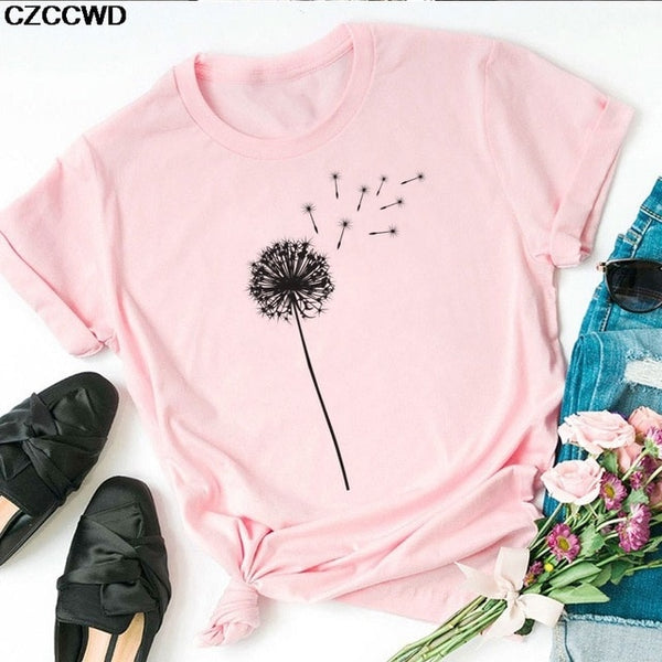 Summer New T Shirt Women Dandelion Bouquet Print Short Sleeve Casual Loose White T-Shirt For Girls Students Lady Vogue Tops Tees