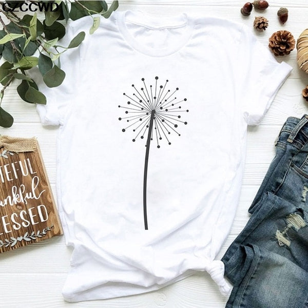 Summer New T Shirt Women Dandelion Bouquet Print Short Sleeve Casual Loose White T-Shirt For Girls Students Lady Vogue Tops Tees