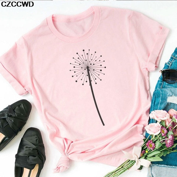 Summer New T Shirt Women Dandelion Bouquet Print Short Sleeve Casual Loose White T-Shirt For Girls Students Lady Vogue Tops Tees