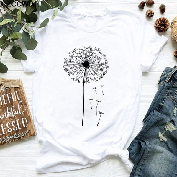 Summer New T Shirt Women Dandelion Bouquet Print Short Sleeve Casual Loose White T-Shirt For Girls Students Lady Vogue Tops Tees