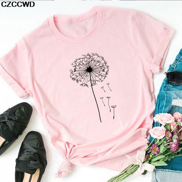 Summer New T Shirt Women Dandelion Bouquet Print Short Sleeve Casual Loose White T-Shirt For Girls Students Lady Vogue Tops Tees