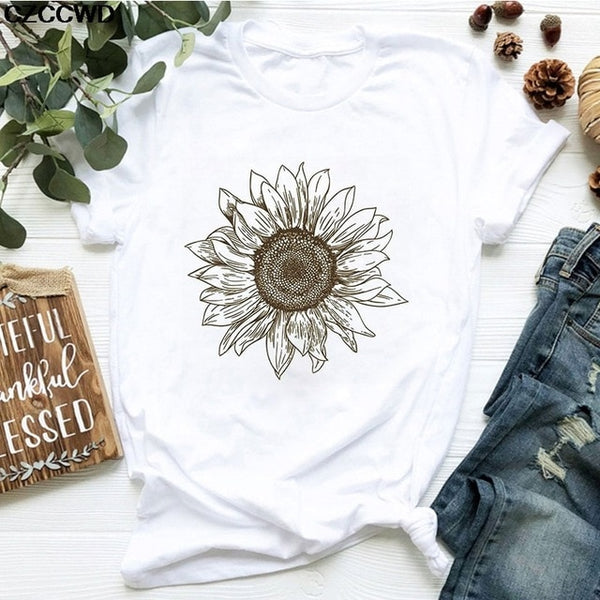 Summer New T Shirt Women Dandelion Bouquet Print Short Sleeve Casual Loose White T-Shirt For Girls Students Lady Vogue Tops Tees