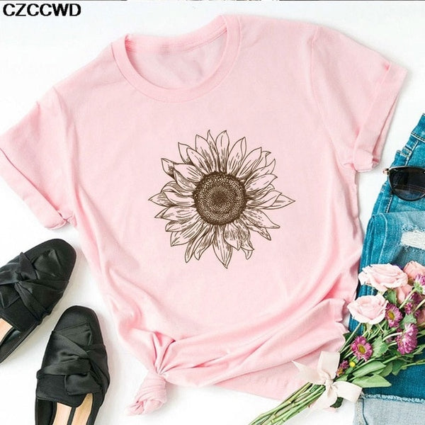 Summer New T Shirt Women Dandelion Bouquet Print Short Sleeve Casual Loose White T-Shirt For Girls Students Lady Vogue Tops Tees