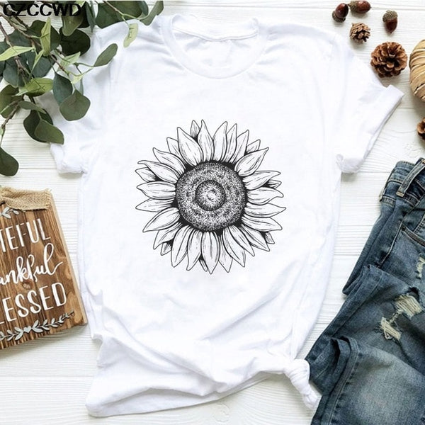 Summer New T Shirt Women Dandelion Bouquet Print Short Sleeve Casual Loose White T-Shirt For Girls Students Lady Vogue Tops Tees