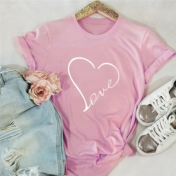 Plus Size S-5XL New Heart Print T Shirt Women 100% Cotton O Neck Short Sleeve Summer T-Shirt Tops Casual Tshirt women shirts