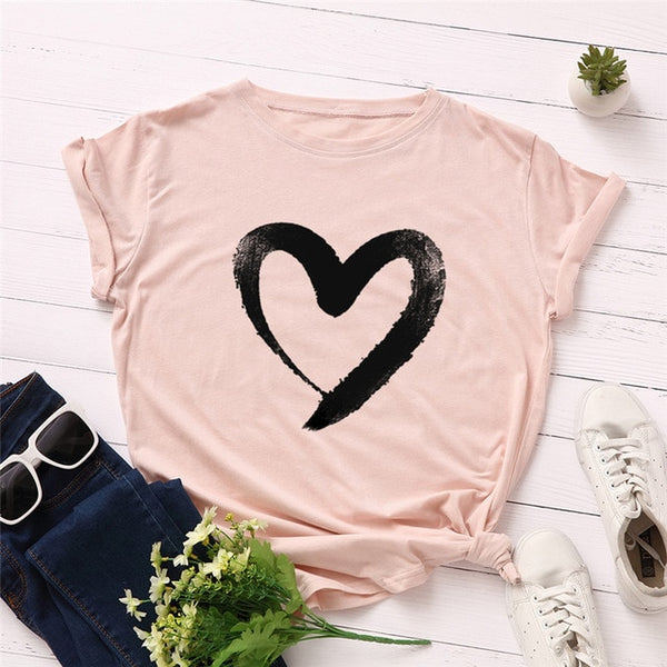 Plus Size S-5XL New Heart Print T Shirt Women 100% Cotton O Neck Short Sleeve Summer T-Shirt Tops Casual Tshirt women shirts