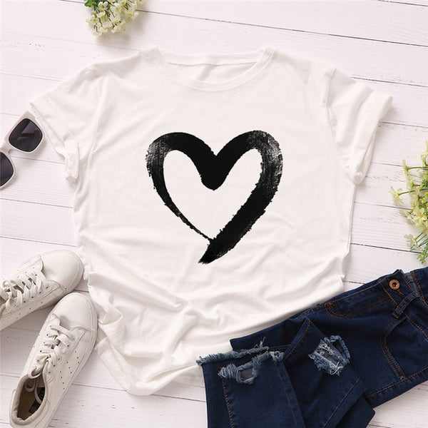 Plus Size S-5XL New Heart Print T Shirt Women 100% Cotton O Neck Short Sleeve Summer T-Shirt Tops Casual Tshirt women shirts