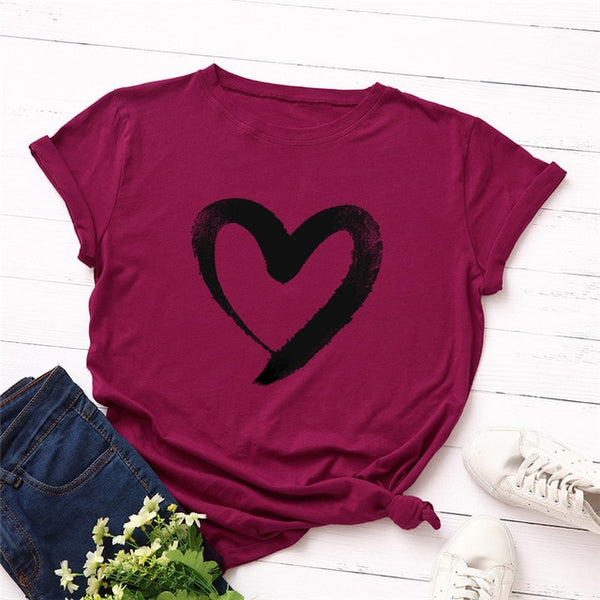 Plus Size S-5XL New Heart Print T Shirt Women 100% Cotton O Neck Short Sleeve Summer T-Shirt Tops Casual Tshirt women shirts