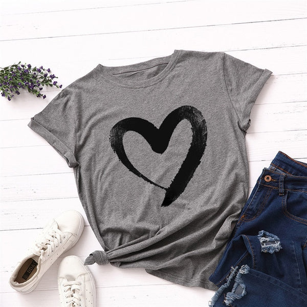 Plus Size S-5XL New Heart Print T Shirt Women 100% Cotton O Neck Short Sleeve Summer T-Shirt Tops Casual Tshirt women shirts