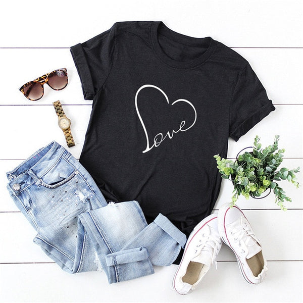 Plus Size S-5XL New Heart Print T Shirt Women 100% Cotton O Neck Short Sleeve Summer T-Shirt Tops Casual Tshirt women shirts