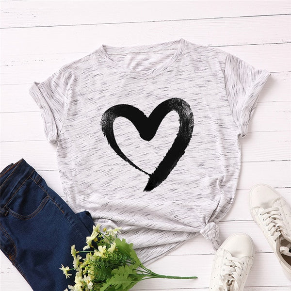 Plus Size S-5XL New Heart Print T Shirt Women 100% Cotton O Neck Short Sleeve Summer T-Shirt Tops Casual Tshirt women shirts