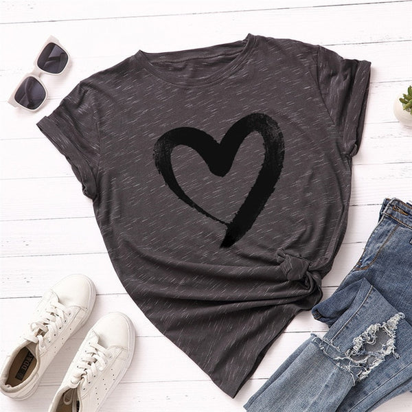 Plus Size S-5XL New Heart Print T Shirt Women 100% Cotton O Neck Short Sleeve Summer T-Shirt Tops Casual Tshirt women shirts