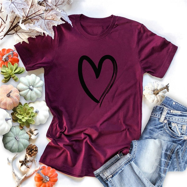 Plus Size S-5XL New Heart Print T Shirt Women 100% Cotton O Neck Short Sleeve Summer T-Shirt Tops Casual Tshirt women shirts