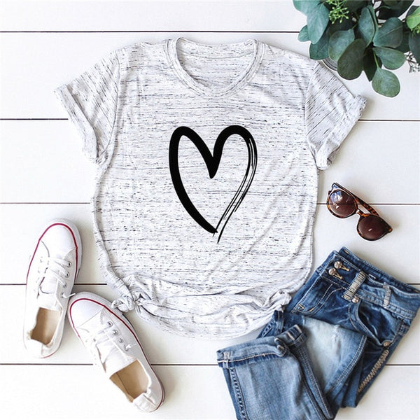 Plus Size S-5XL New Heart Print T Shirt Women 100% Cotton O Neck Short Sleeve Summer T-Shirt Tops Casual Tshirt women shirts