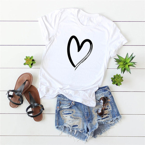 Plus Size S-5XL New Heart Print T Shirt Women 100% Cotton O Neck Short Sleeve Summer T-Shirt Tops Casual Tshirt women shirts