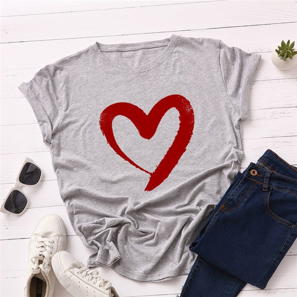 Plus Size S-5XL New Heart Print T Shirt Women 100% Cotton O Neck Short Sleeve Summer T-Shirt Tops Casual Tshirt women shirts