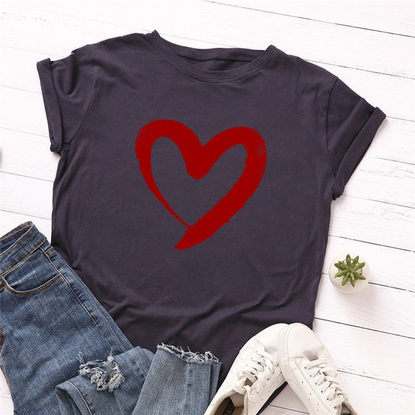 Plus Size S-5XL New Heart Print T Shirt Women 100% Cotton O Neck Short Sleeve Summer T-Shirt Tops Casual Tshirt women shirts