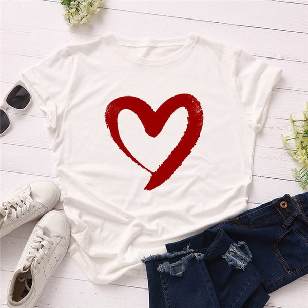 Plus Size S-5XL New Heart Print T Shirt Women 100% Cotton O Neck Short Sleeve Summer T-Shirt Tops Casual Tshirt women shirts