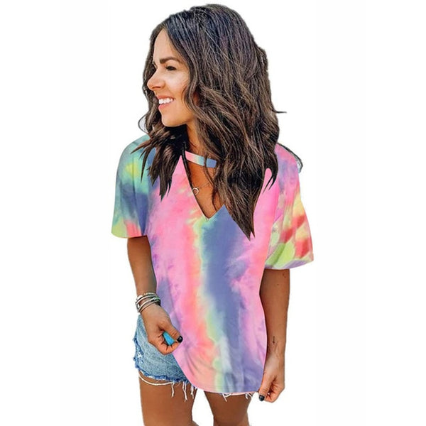 Summer New Tie-dye Printed V-neck Short-sleeved T-shirt Ladies Tops 2020 Designer Womens Loose Casual Tee Shirts Large Sizes 3XL