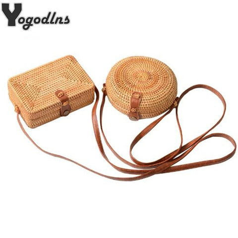 Fashion Women Summer Rattan Bags Round Square Straw Bag Handmade Woven Beach Crossbody Bags Circle Bohemia Bali Handbags