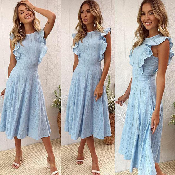 VITIANA Women Office Casual Maxi Long Midi A-Line Dress Female 2018 Summer White Blue Solid Lace Sleeveless Elegant Party Dress