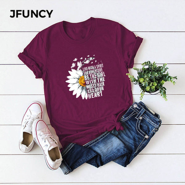 JFUNCY 2020 New Summer Cotton Women T-shirts Creative Chrysanthemum Inspirational Letter Print T Shirt Plus Size Mujer Tee Tops