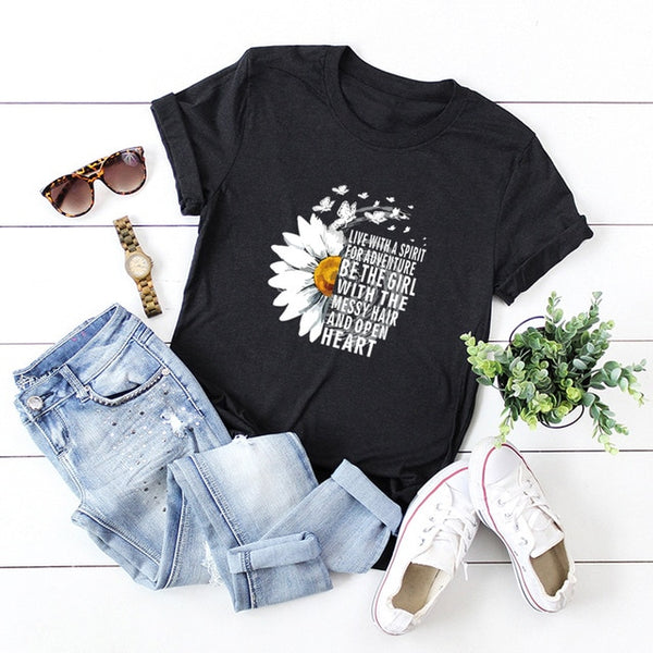 JFUNCY 2020 New Summer Cotton Women T-shirts Creative Chrysanthemum Inspirational Letter Print T Shirt Plus Size Mujer Tee Tops