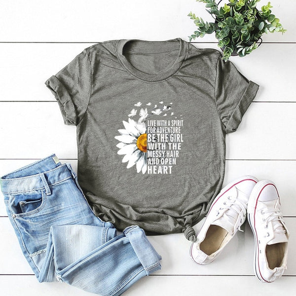 JFUNCY 2020 New Summer Cotton Women T-shirts Creative Chrysanthemum Inspirational Letter Print T Shirt Plus Size Mujer Tee Tops