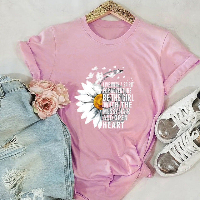 JFUNCY 2020 New Summer Cotton Women T-shirts Creative Chrysanthemum Inspirational Letter Print T Shirt Plus Size Mujer Tee Tops