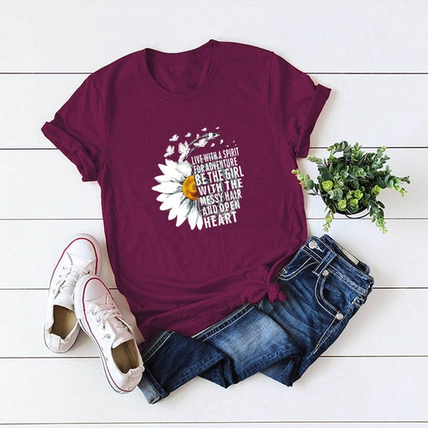 JFUNCY 2020 New Summer Cotton Women T-shirts Creative Chrysanthemum Inspirational Letter Print T Shirt Plus Size Mujer Tee Tops