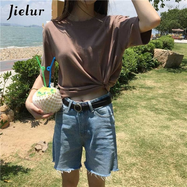 Jielur Tee Shirt 15 Solid Color Basic T Shirt Women Casual O-neck Harajuku Summer Top Korean Hipster White Tshirt S-XL