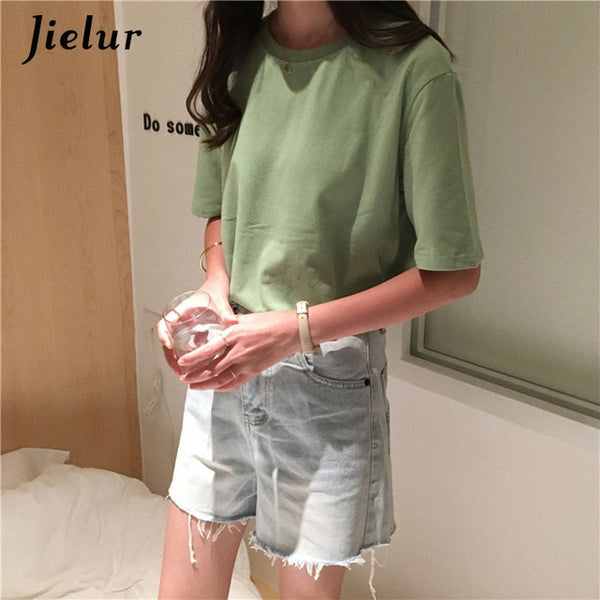 Jielur Tee Shirt 15 Solid Color Basic T Shirt Women Casual O-neck Harajuku Summer Top Korean Hipster White Tshirt S-XL