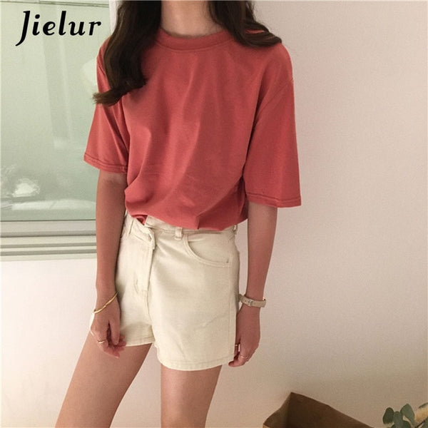 Jielur Tee Shirt 15 Solid Color Basic T Shirt Women Casual O-neck Harajuku Summer Top Korean Hipster White Tshirt S-XL