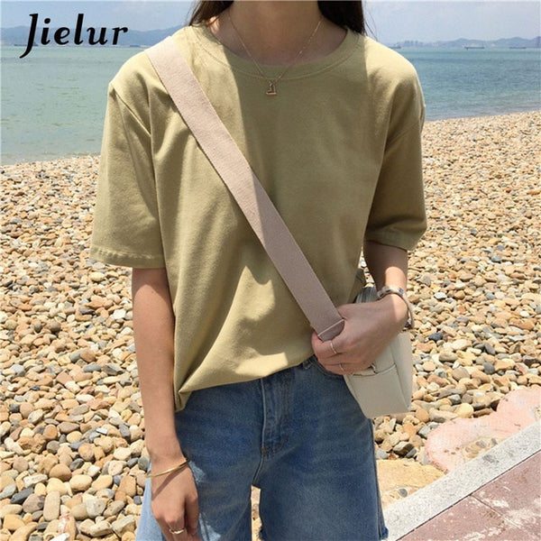 Jielur Tee Shirt 15 Solid Color Basic T Shirt Women Casual O-neck Harajuku Summer Top Korean Hipster White Tshirt S-XL